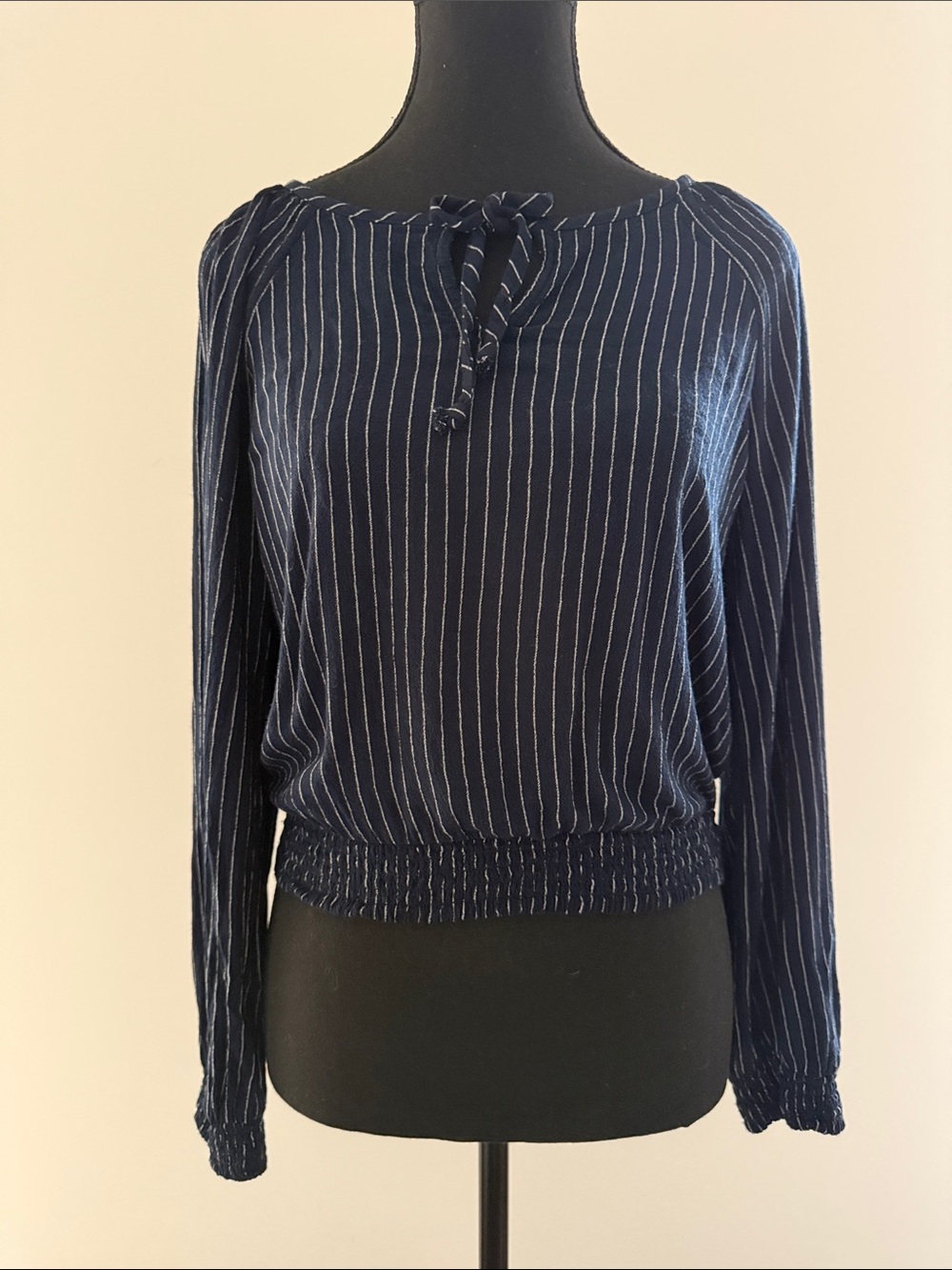 Hollister Navy Blue Pinstripe Smocked Peasant Blouse